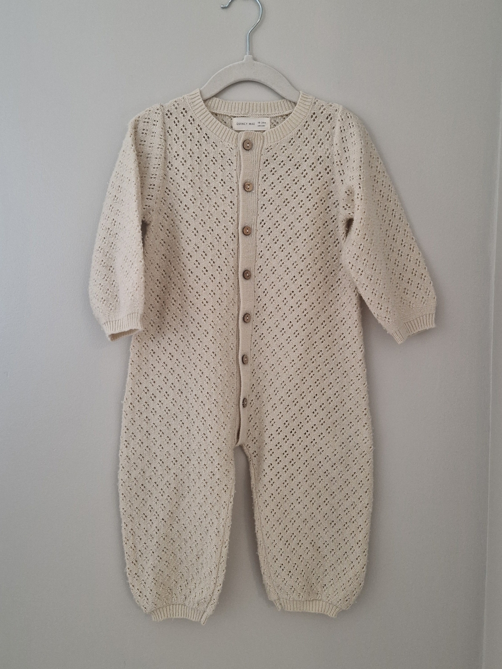 Quincy Mae Cream Openwork Knit One-Piece Footie